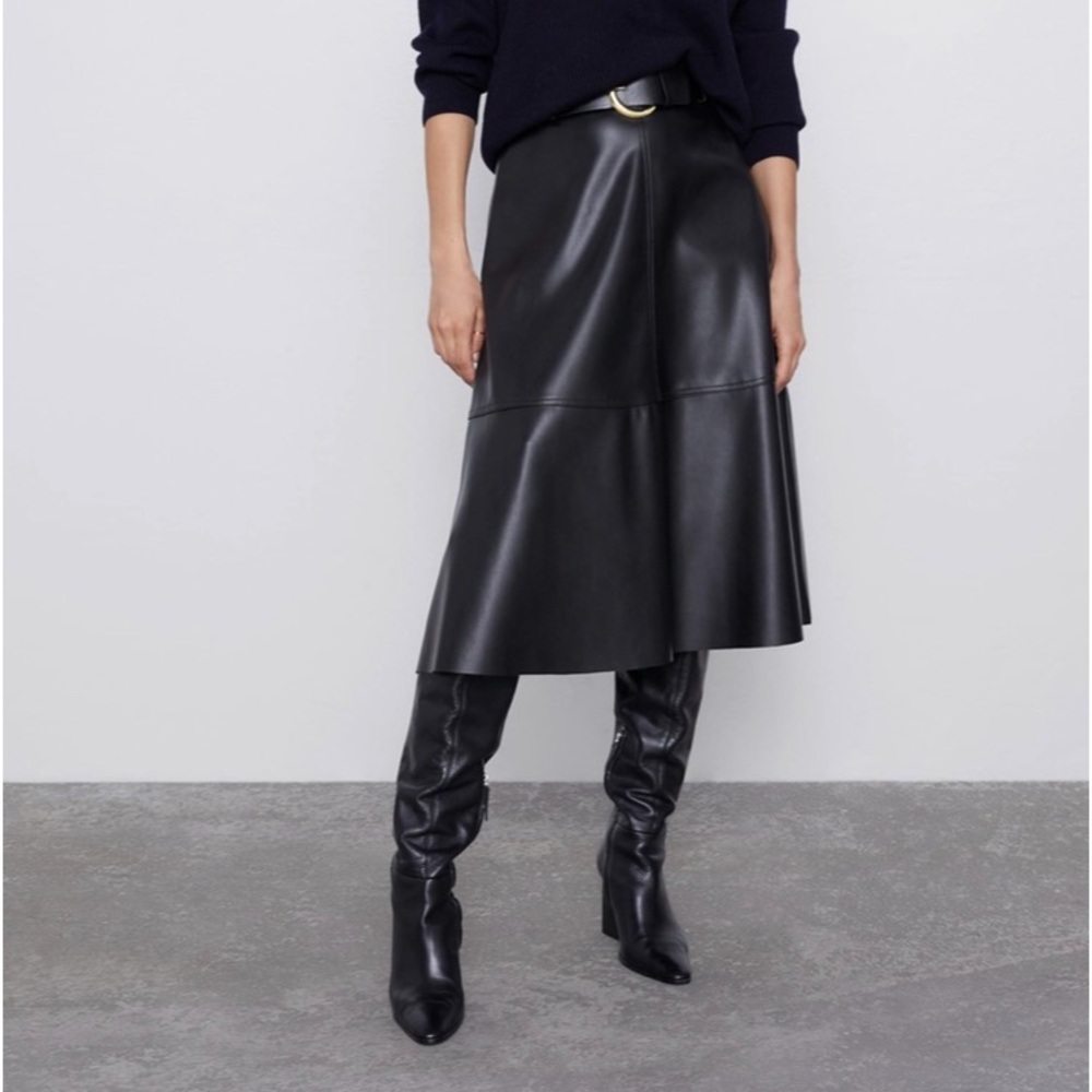 Zara Faux Leather Black Midi Skirt